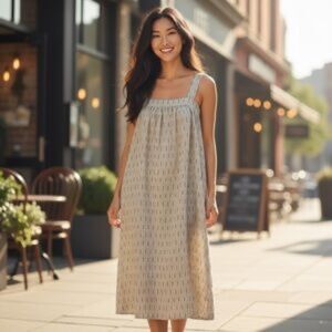 Grade & Gather Linen Cotton Cream Black Wide Strap Maxi Dress Wm L Peekaboo Back